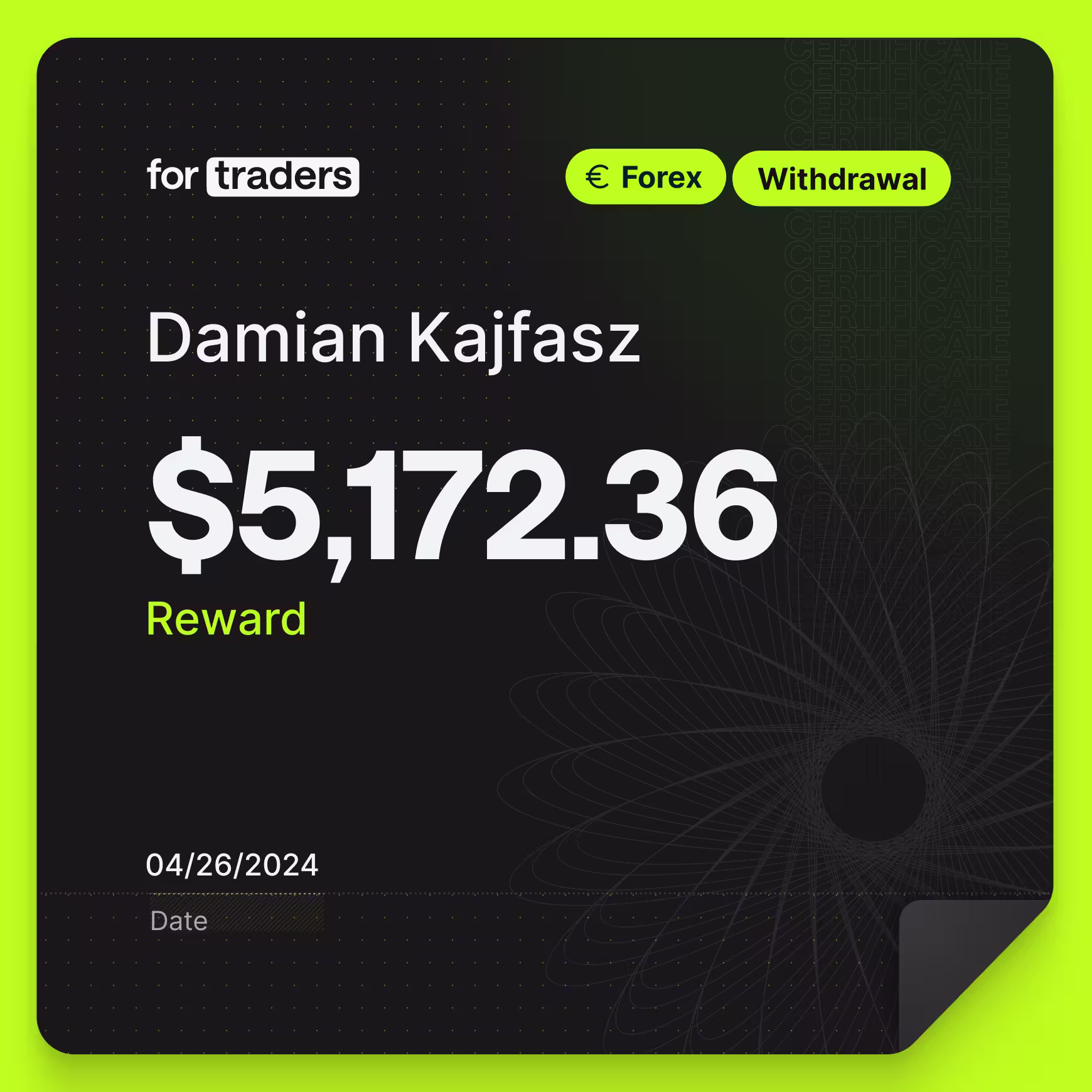 Certifikát o odměně – Damian